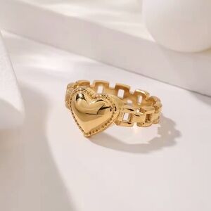 NEW 18K Gold Plated Stainless Steel Waterproof Heart Ring Link Chain Band Size 7